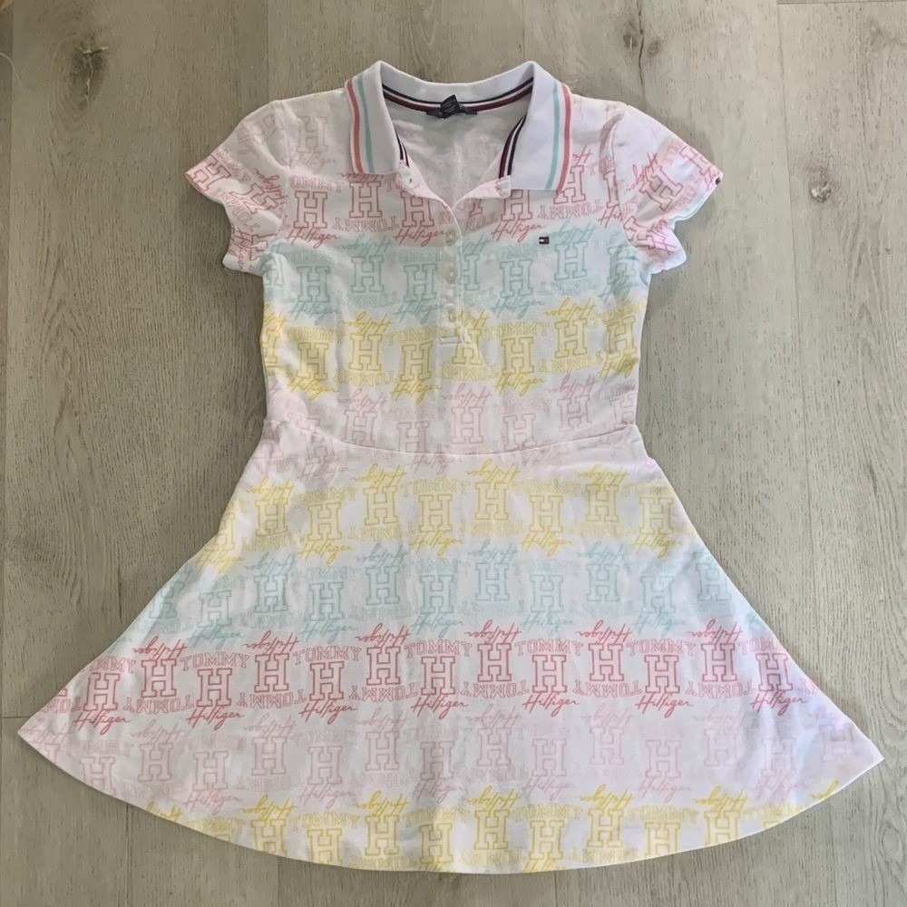 Tommy Hilfiger logo all over cotton dress sz 8/10 whiteโ multicolored polo skate